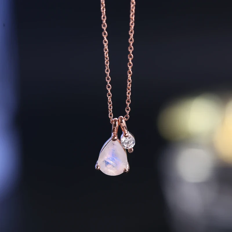 Moonstone necklace rose gold with a clear cz sterling silver June Birthstone