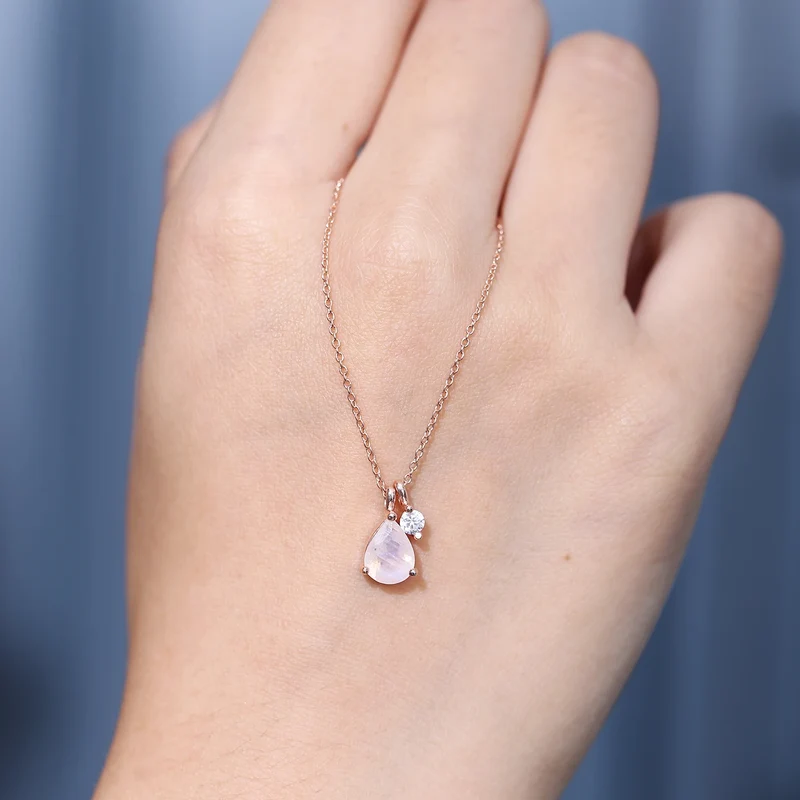Moonstone necklace rose gold with a clear cz sterling silver June Birthstone