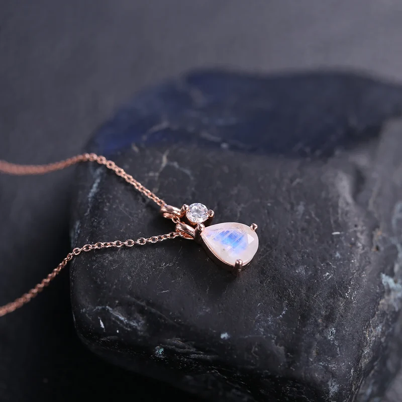 Moonstone necklace rose gold with a clear cz sterling silver June Birthstone