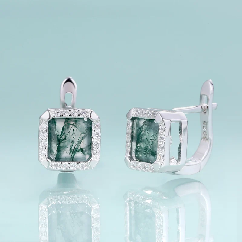 Moss agate earrings with square green moss agate sterling silver earrings
