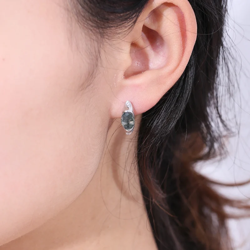 Moss agate hoop earrings vintage-style simple and dainty green earrings