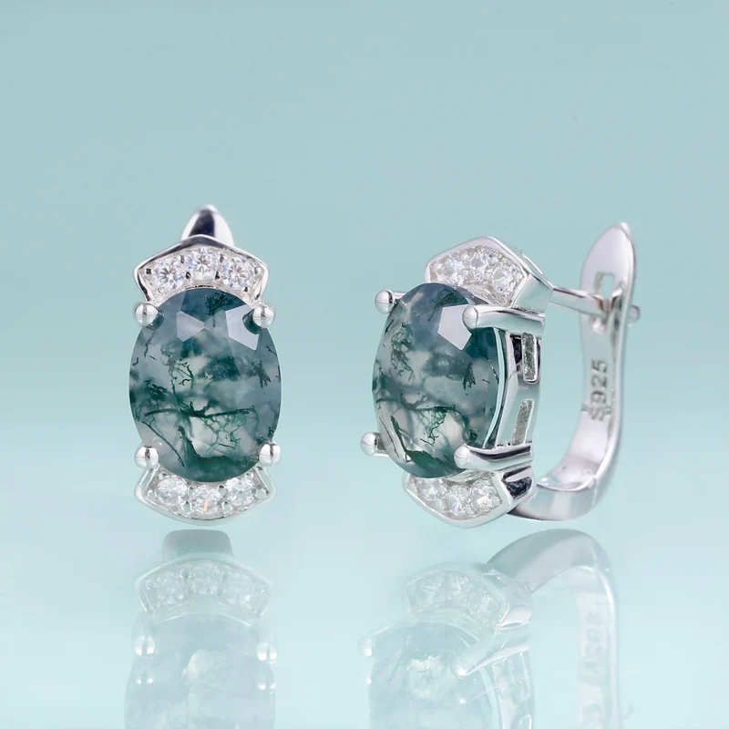 Green moss agate earrings with clear cz sterling silver hoop earrings