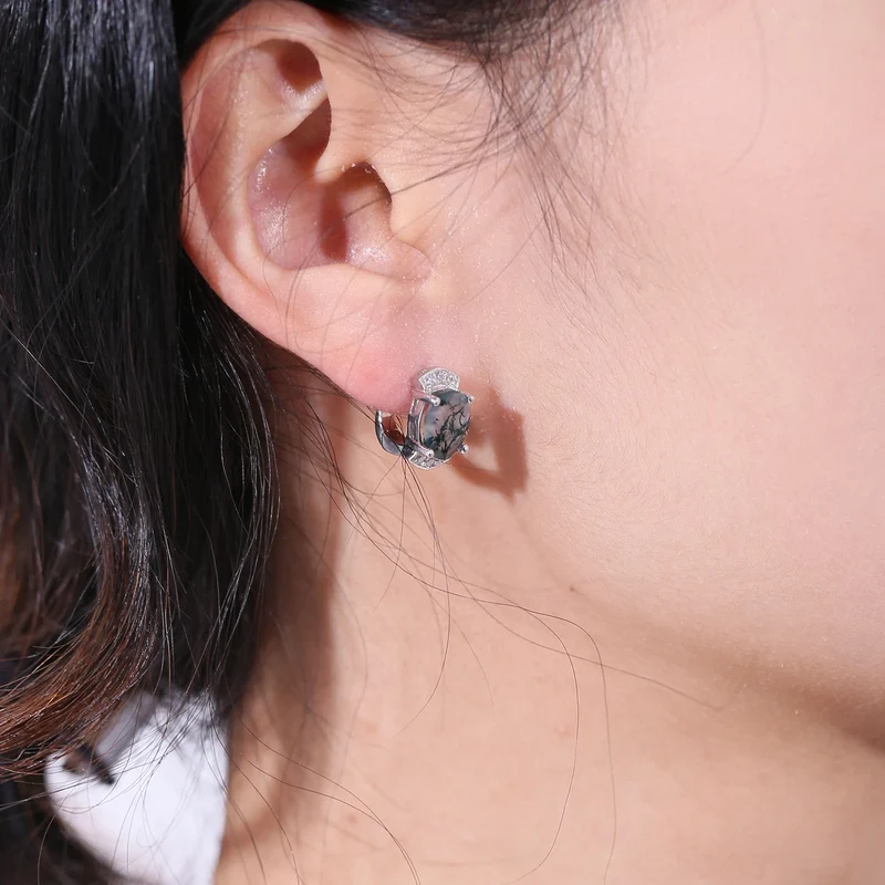 Green moss agate earrings with clear cz sterling silver hoop earrings