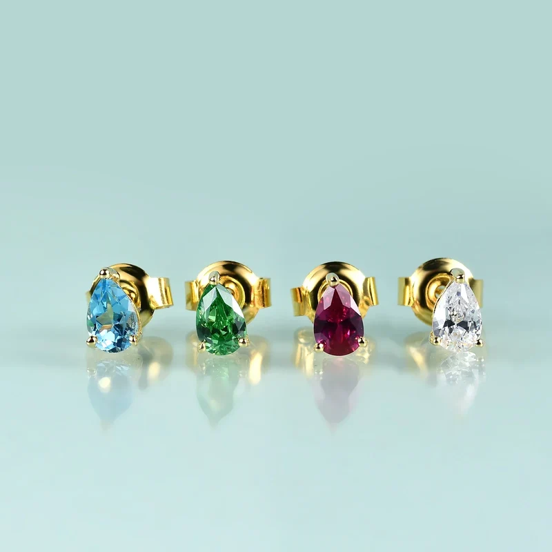 Ear cuff and stud set with clear red and green teardrop cz stones gold ear cuff