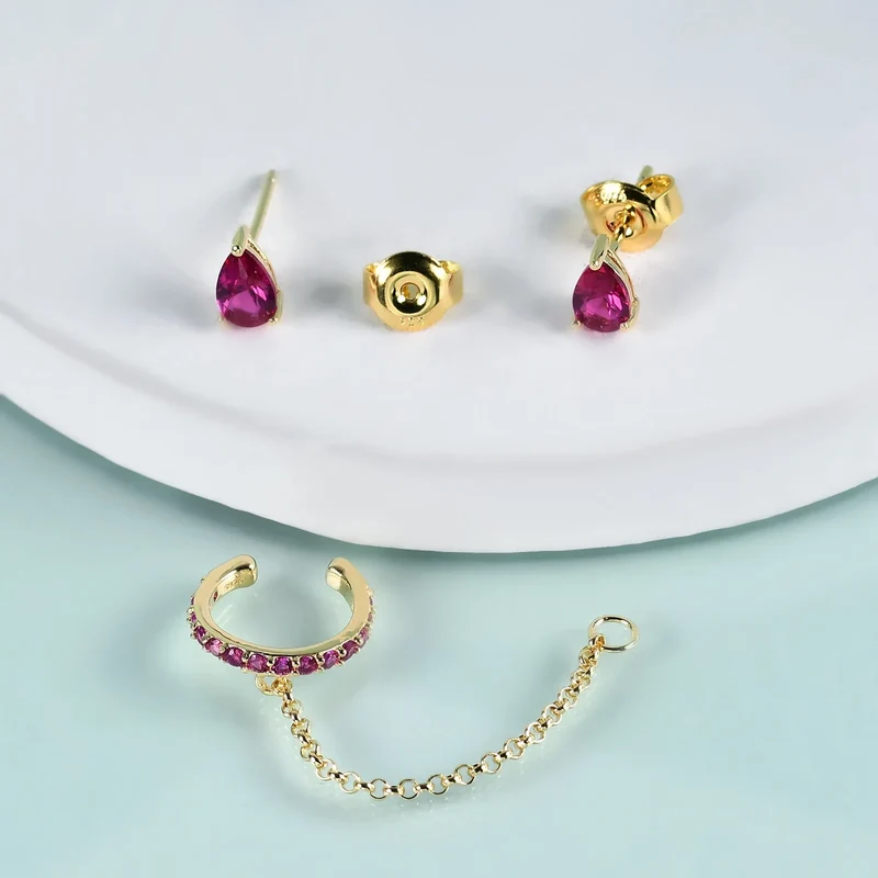 Ear cuff and stud set with clear red and green teardrop cz stones gold ear cuff