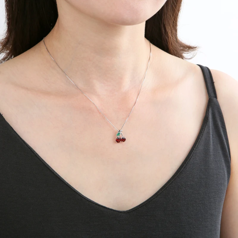 Cherry charm necklace with natural garnet and tourmaline silver cherry necklace cute and unique