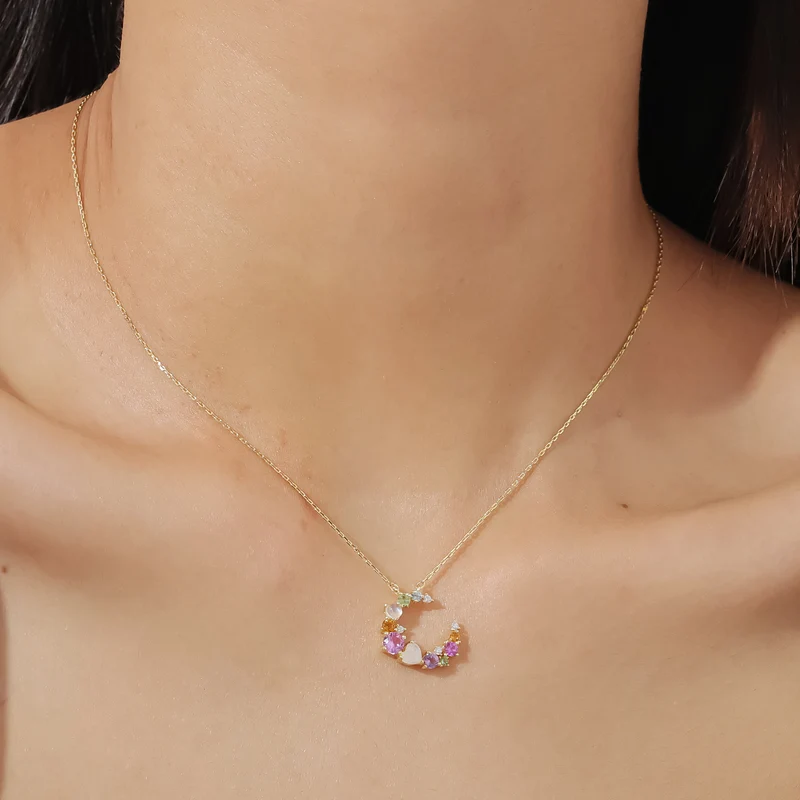 Multi-color gemstone necklace moon necklace colorful necklace summer necklace