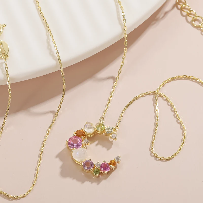 Multi-color gemstone necklace moon necklace colorful necklace summer necklace