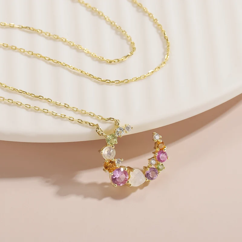 Multi-color gemstone necklace moon necklace colorful necklace summer necklace