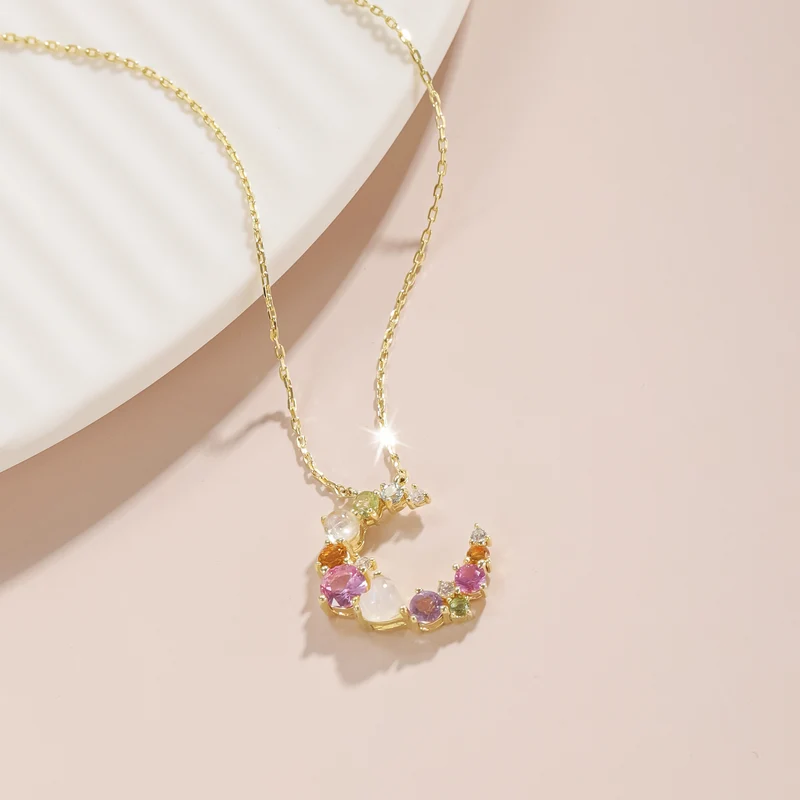 Multi-color gemstone necklace moon necklace colorful necklace summer necklace