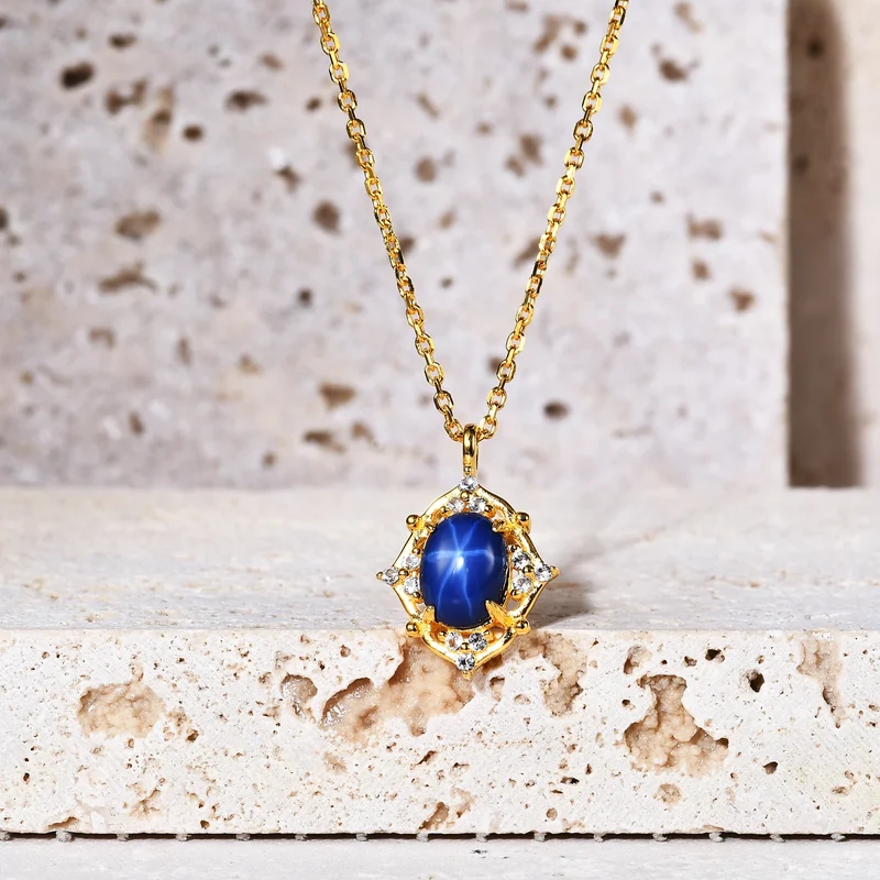 Blue star sapphire necklace in gold Art Deco momma necklace