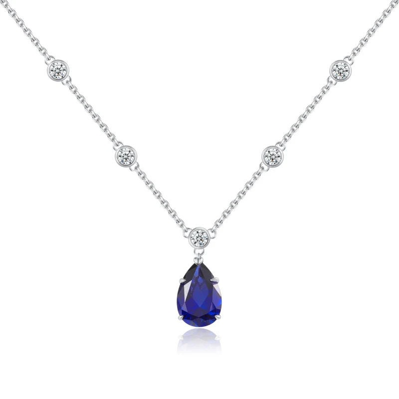 Silver sapphire necklace with a lab-created blue sapphire stone pendant necklace