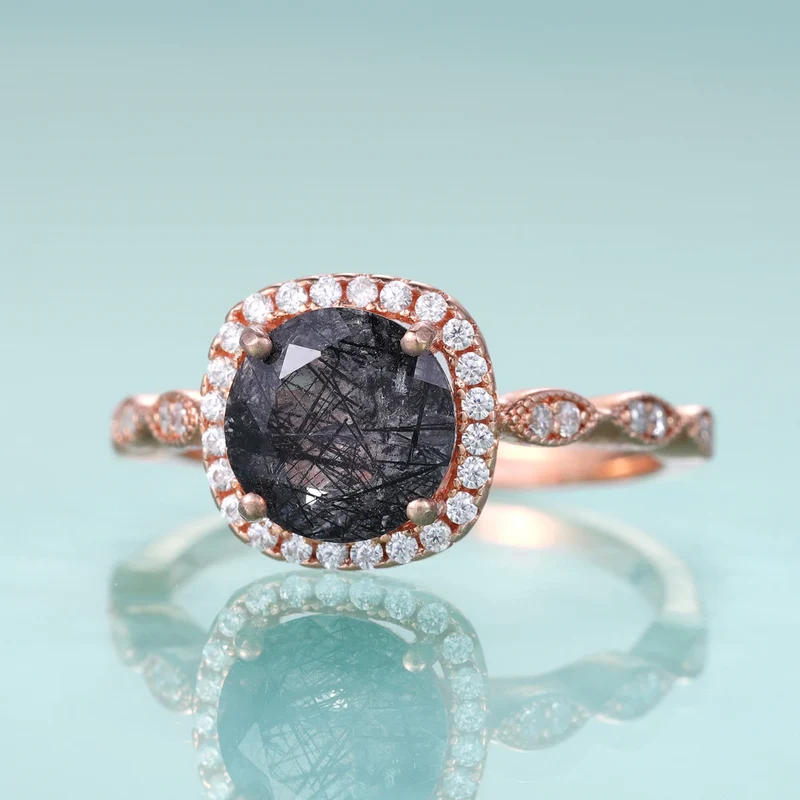 Black rutilated quartz ring Art Deco round cut cocktail ring halo engagement ring