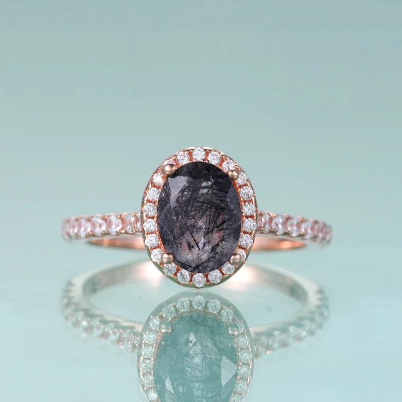 Rutilated quartz wedding ring oval cut natural black rutilated quartz halo engagement ring