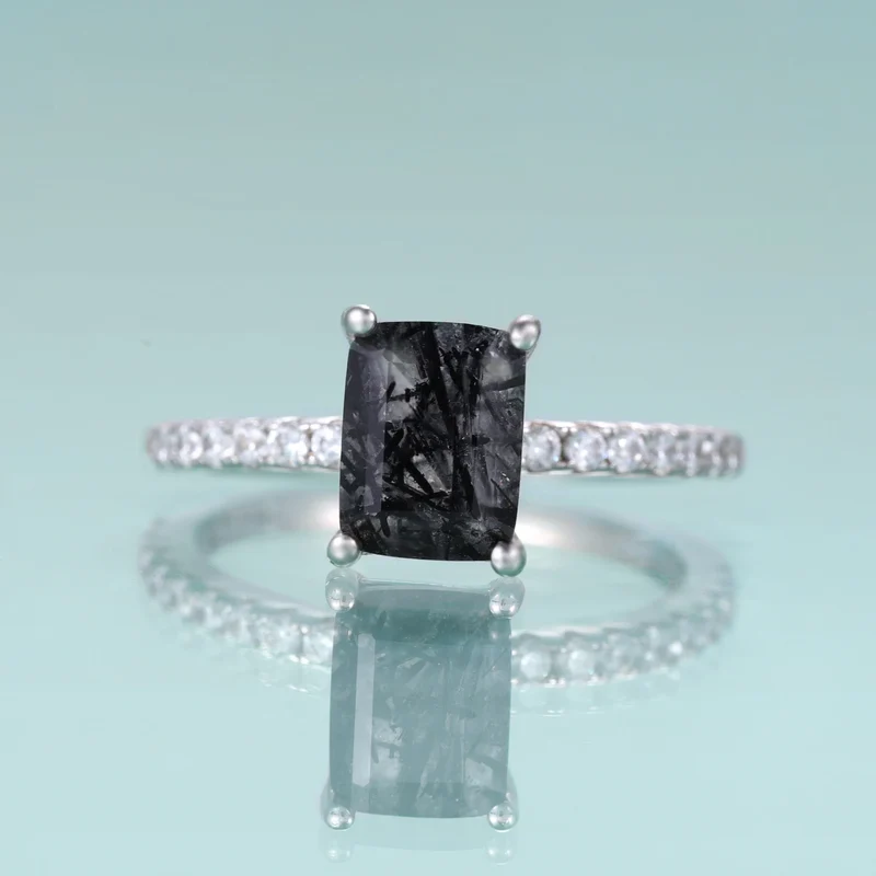 Rutilated quartz ring sterling silver emerald cut