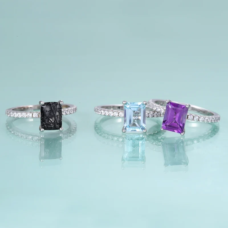 Rutilated quartz ring sterling silver emerald cut