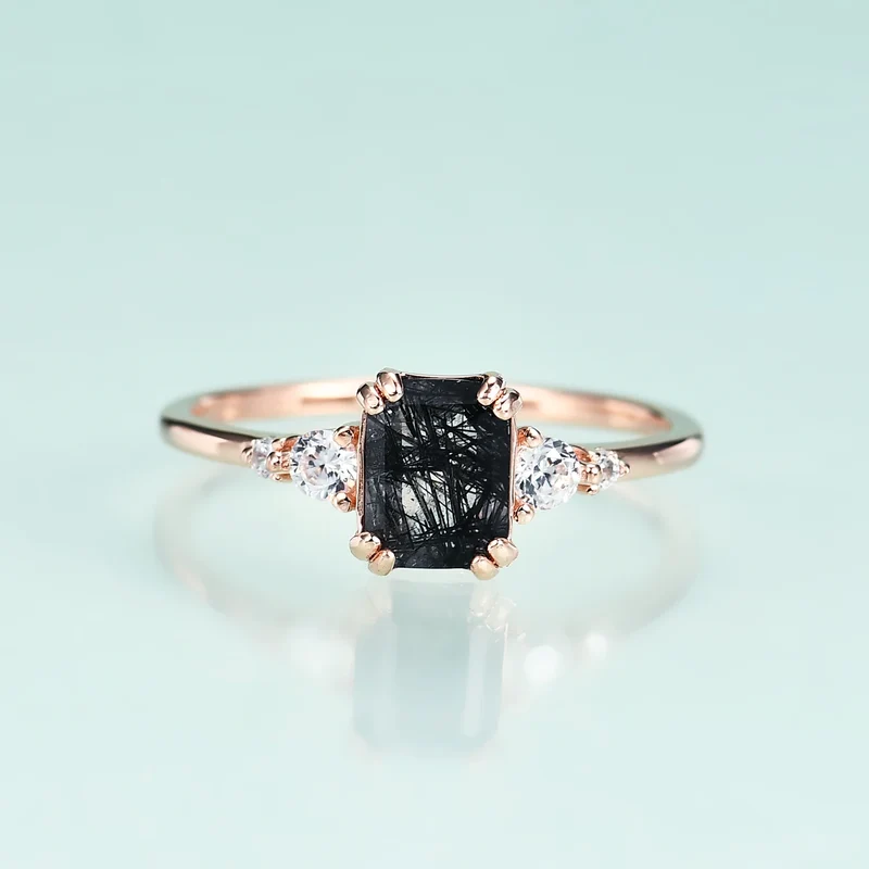 Black rutilated quartz wedding ring 14k rose gold rectangular unique engagement ring