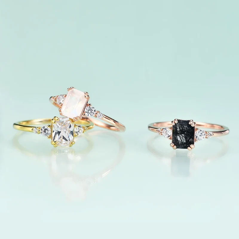 Black rutilated quartz wedding ring 14k rose gold rectangular unique engagement ring