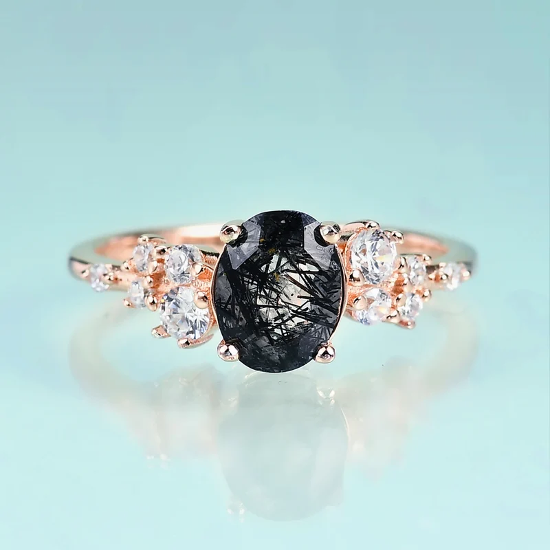 Black rutilated quartz engagement ring sterling silver oval cut vintage style