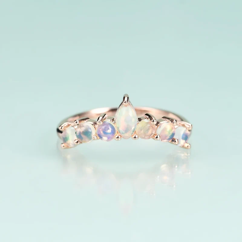 Opal wedding ring in a crown shape semi-eternity opal ring for women for men