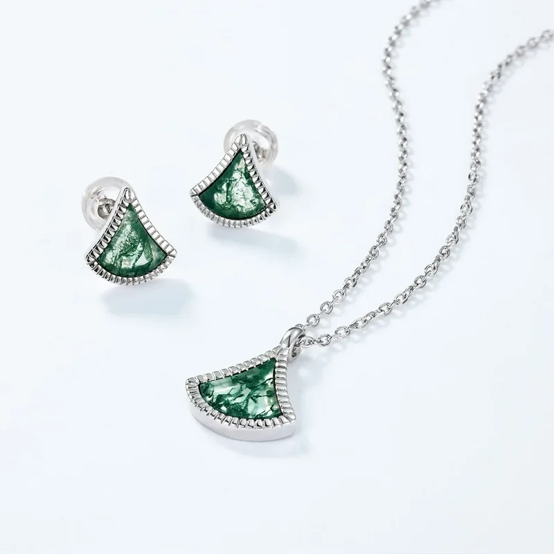 Natural moss agate stud earrings in a ginkgo leaf shape