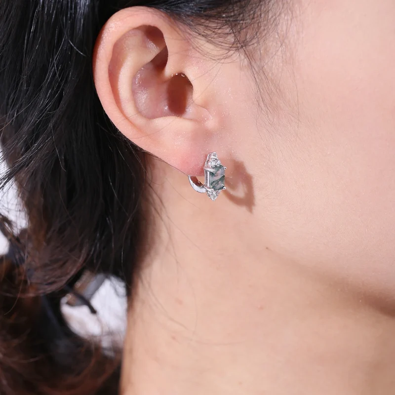 Agate with green streak earrings natural green moss agate earrings sterling silver