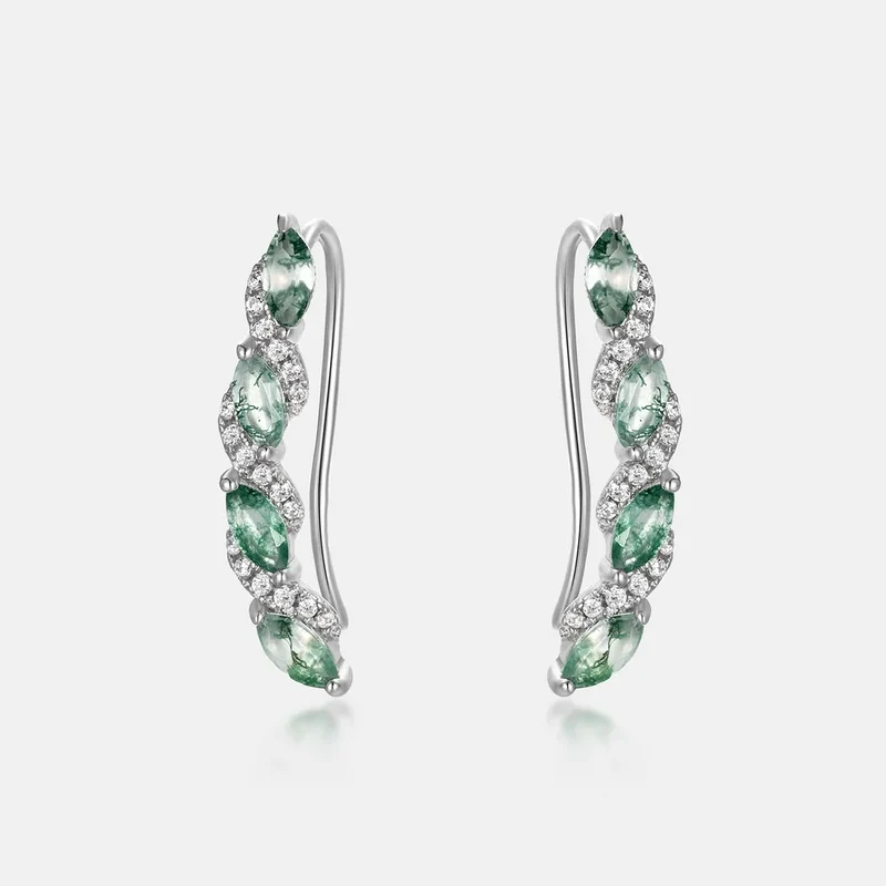 Long drop earrings with green moss agate in sterling silver