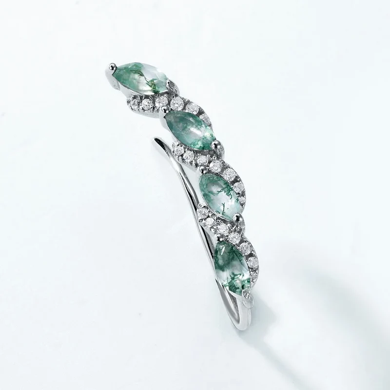 Long drop earrings with green moss agate in sterling silver