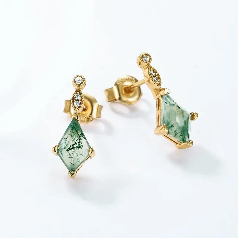 Green agate drop earrings with natural green moss agate in gold