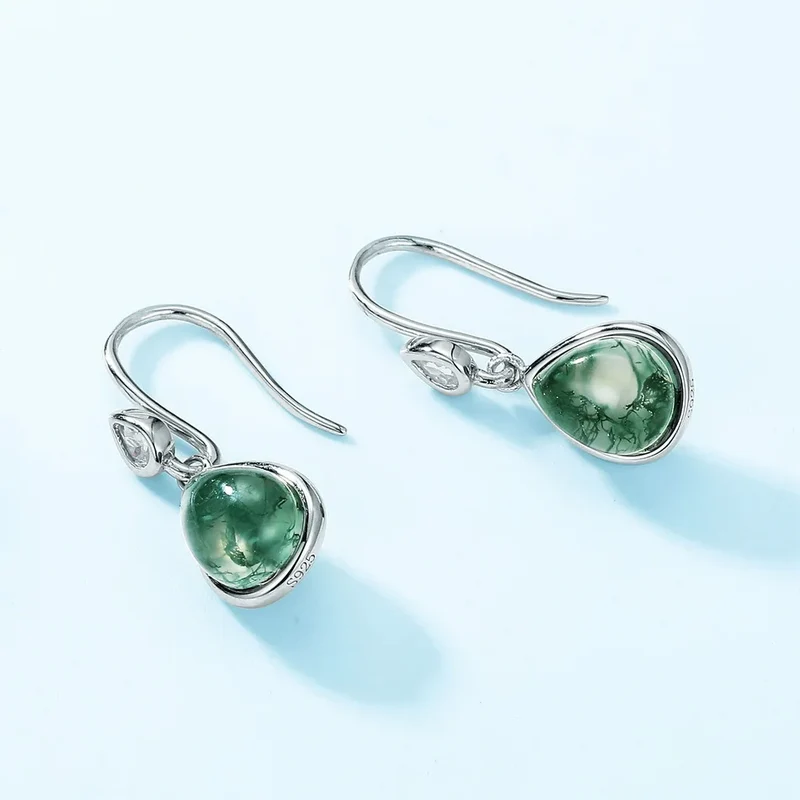 Green agate earrings with pear-shaped moss agate in sterling silver
