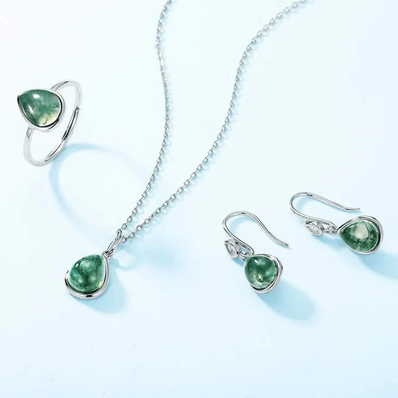 Green agate earrings with pear-shaped moss agate in sterling silver