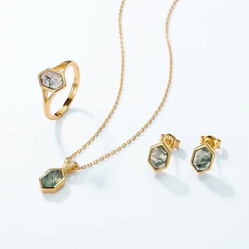 Gold moss agate stud earrings with hexagon moss agate stones