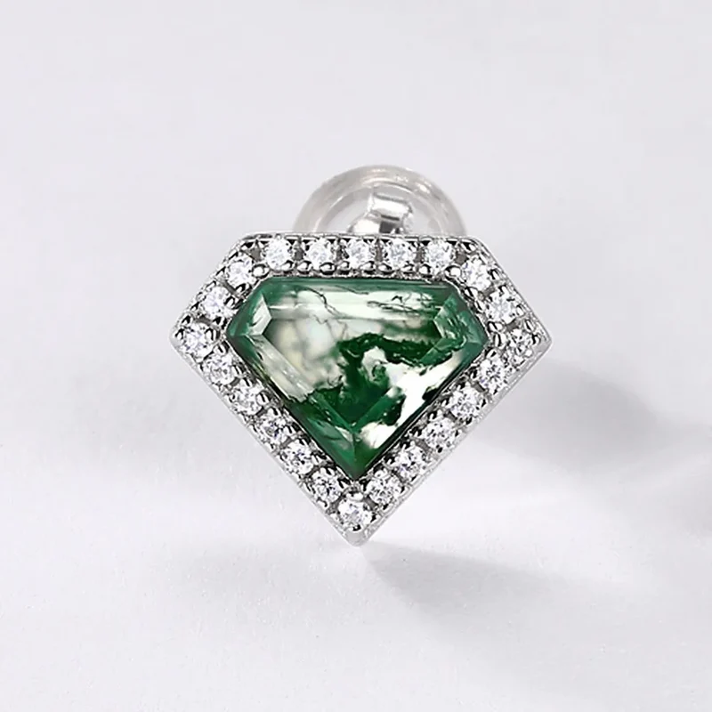 Moss agate stud earrings with diamond shaped moss agate and clear cz stones
