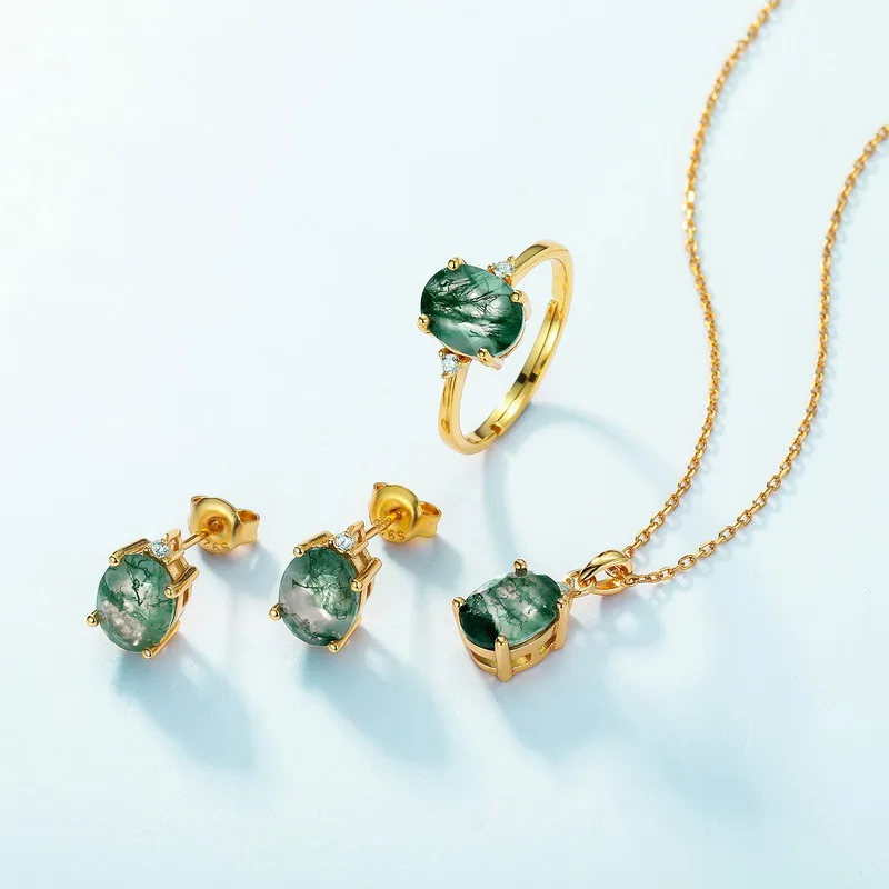 Green moss agate stud earrings gold with oval-shaped moss agate and clear cz stones