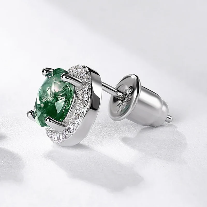 Moss agate ear studs with round moss agate and diamond cz