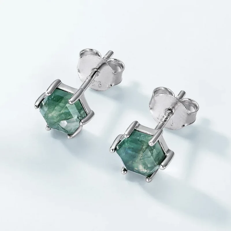 Moss agate stud earrings tiny and cute