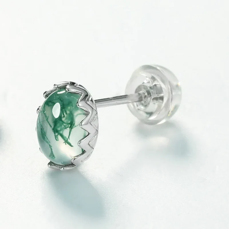 Green moss agate stud earrings oval shape sterling silver