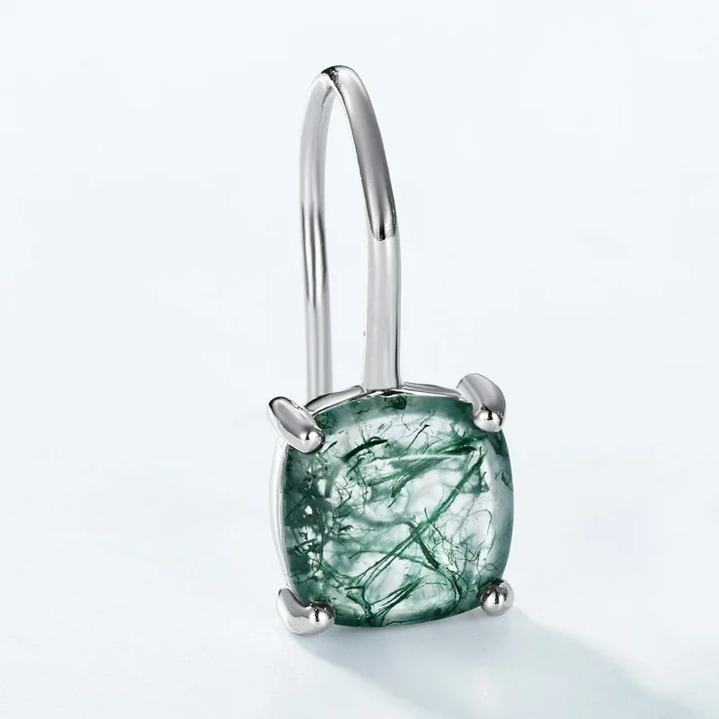 Moss agate drop earrings silver with square moss agate simple and dainty sterling silver