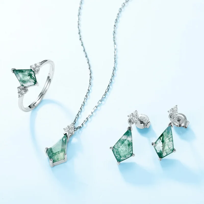 Moss agate earrings with kite shaped moss agate dangle earrings