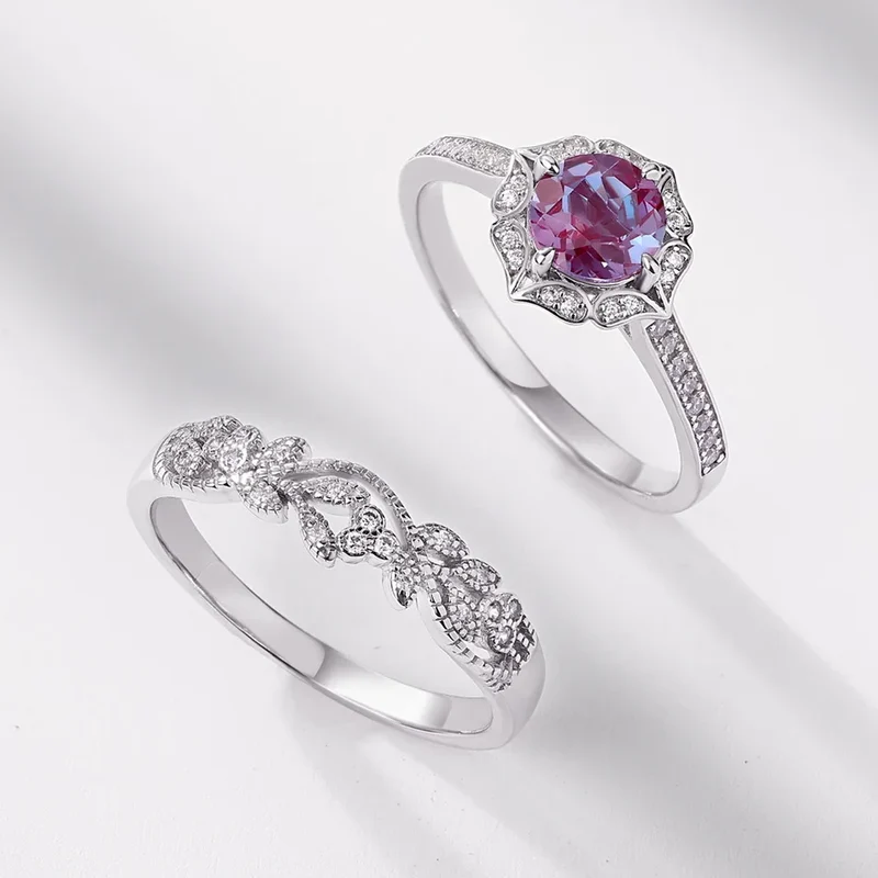 Alexandrite wedding ring set vintage style art deco ring set