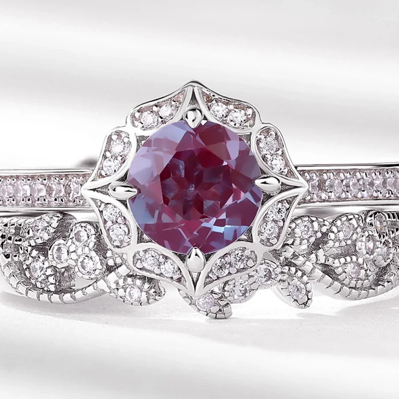 Alexandrite wedding ring set vintage style art deco ring set