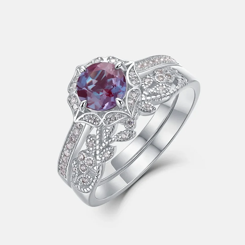 Alexandrite wedding ring set vintage style art deco ring set