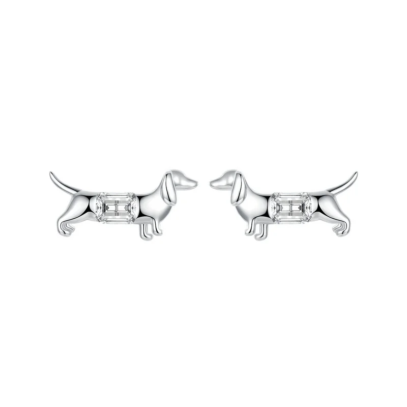 Dachshund earrings sterling silver stud earrings with clear diamond cz