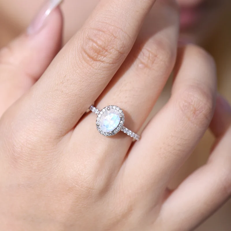 Moonstone diamond ring antique style sterling silver