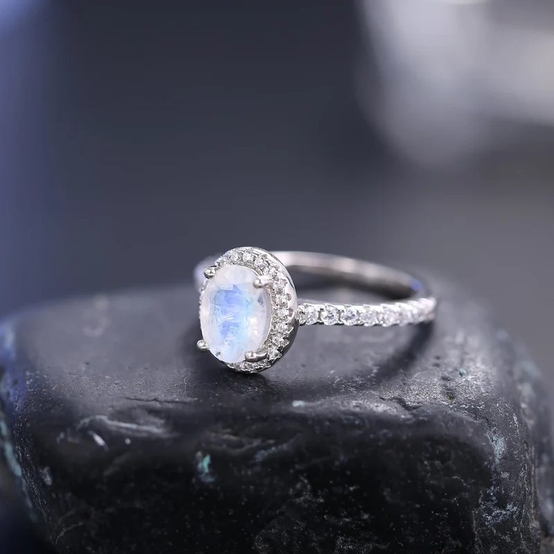 Moonstone diamond ring antique style sterling silver