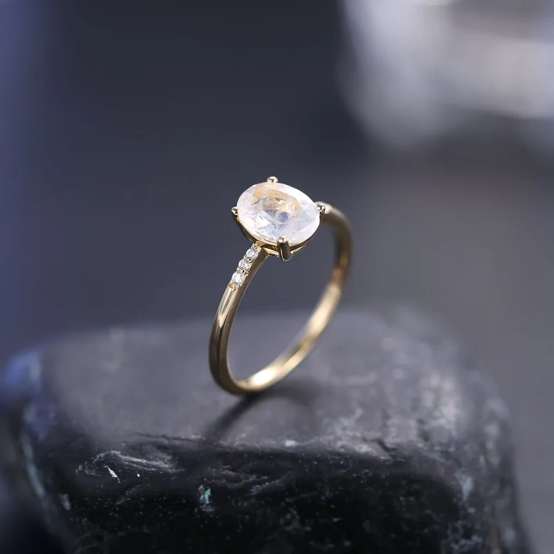 Moonstone gemstone ring with a natural moonstone and clear CZ stones