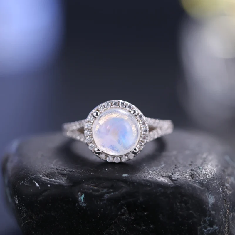Large moonstone ring with a round moonstone and cz stones