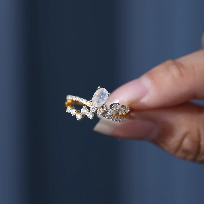 Art deco moonstone ring with diamond cz stones