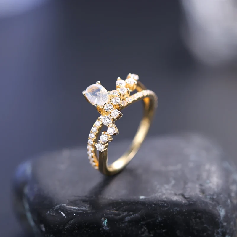 Art deco moonstone ring with diamond cz stones