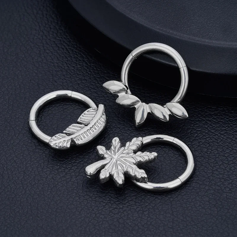 Leaf nose ring titanium hinged clicker septum piercing 16G silver